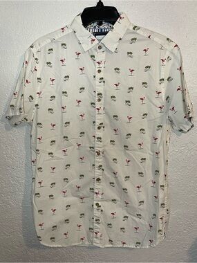 Denim & Flower White Short-Sleeve Flamingo & Palm Print Shirt